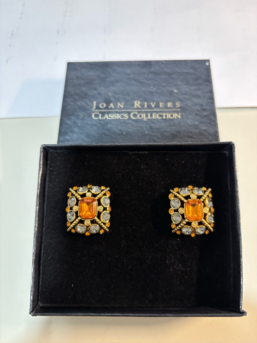 Vintage Ioan Rivers Gold-Tone Orange Crystal Square Clip-On Earrings